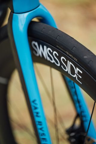 A Swiss Side carbon wheel fitted with a Continental tyre