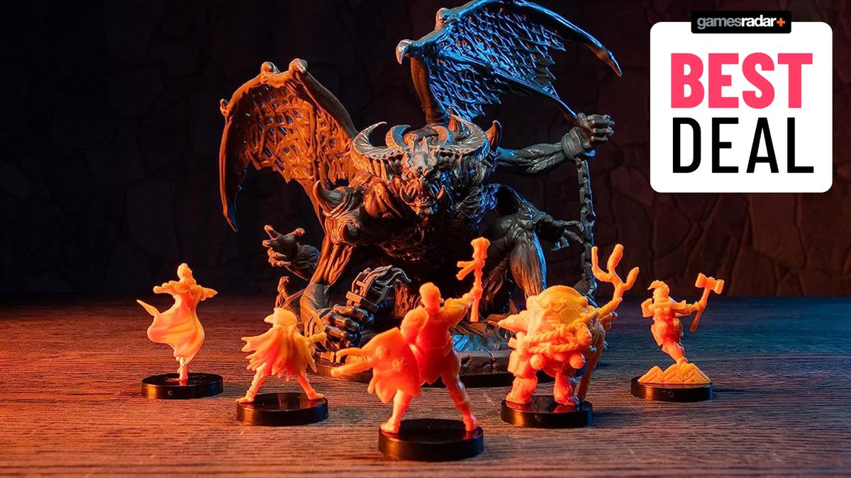 Bardsung models facing off against an enormous demon miniature, with a &#039;best deal&#039; badge in the top right of the image