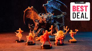 Bardsung models facing off against an enormous demon miniature, with a 'best deal' badge in the top right of the image