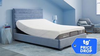 The Tempur-Cloud mattress on an Ease power base in a bedroom, with a Tom's Guide badge overlaid saying "PRICE DROP"