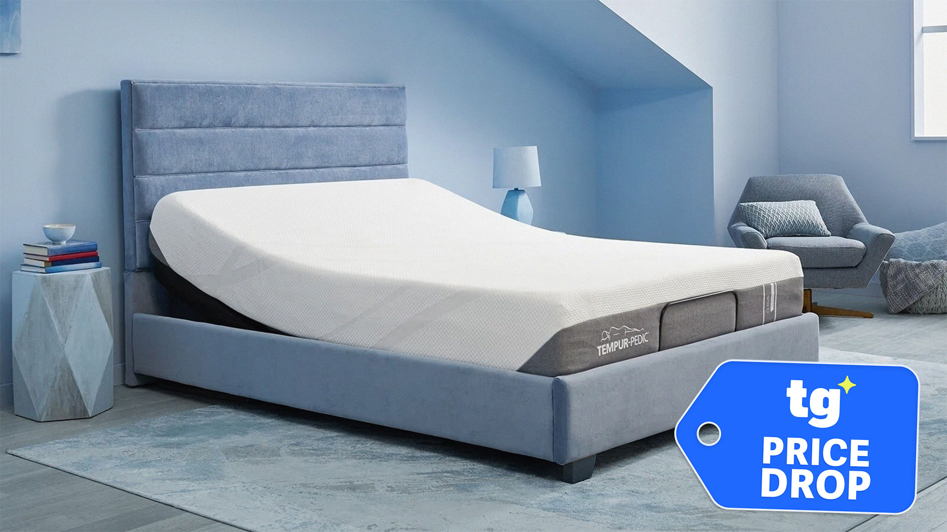 The Tempur-Cloud mattress on an Ease power base in a bedroom, with a Tom's Guide badge overlaid saying "PRICE DROP"