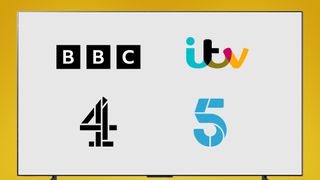 A TV screen on an orange background showing the logos for BBC, ITV, Channel 4 and Channel 5