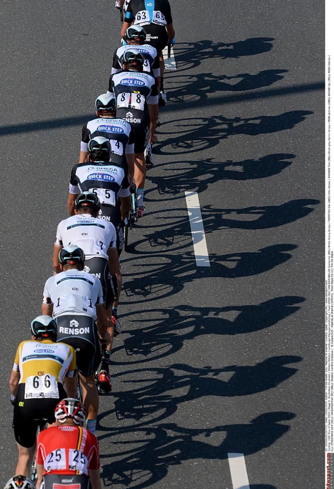Omega Pharma Quick Step riders lined up and protecting their race leader.