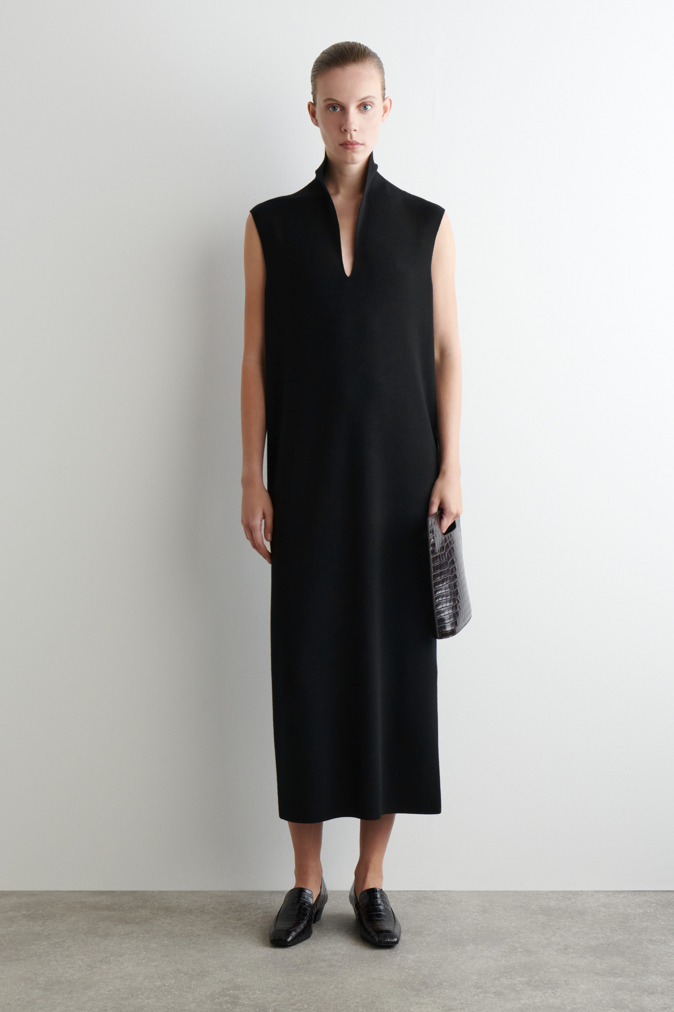 Draped-Collar Merino Wool Dress