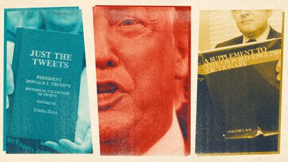 Photo collage of Donald Trump's face, a dictionary, and a book compilation of tweets from Trump