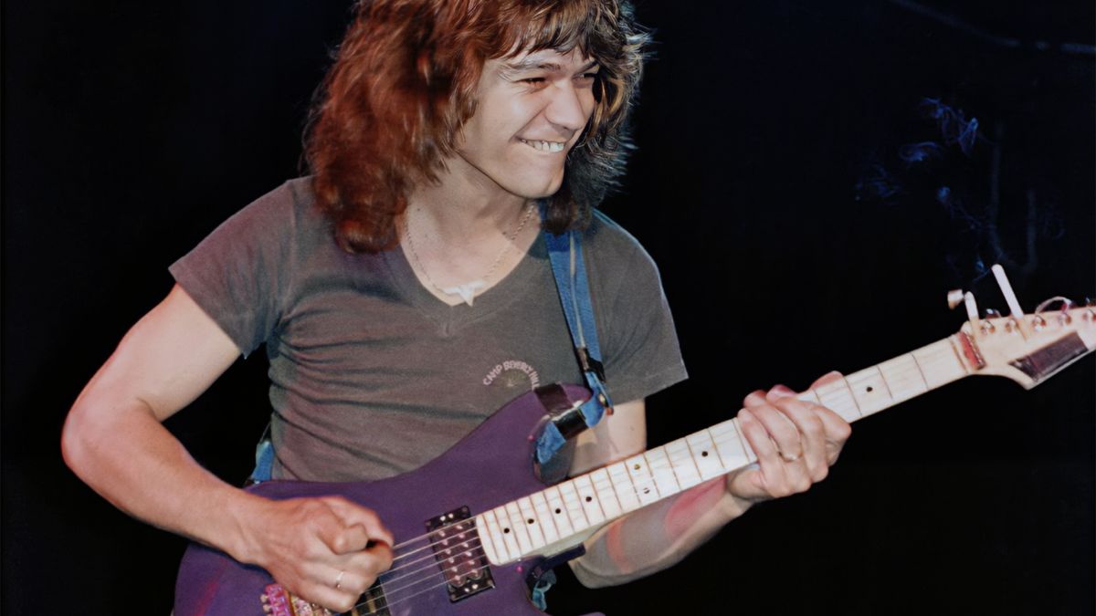 Eddie Van Halen plays a rare purple Charvel guitar at a special performance with Allan Holdsworth at the Roxy Theatre on April 29, 1982 in Los Angeles, California. 