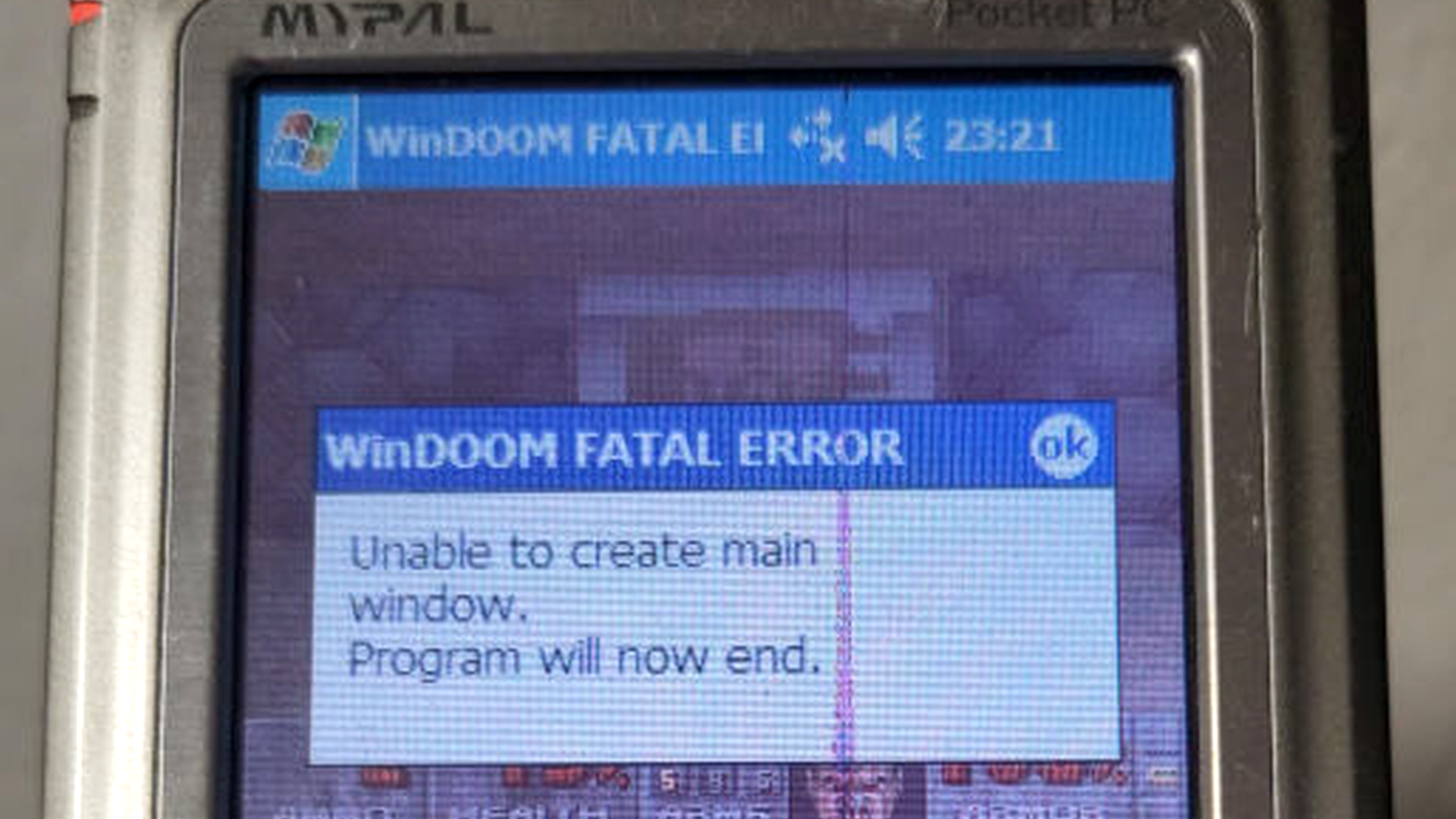 A cropped photo showing the WinDOOM crashing after over two years on Windows Mobile 2003.
