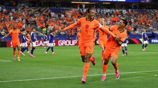 Virgil van Dijk #4 of Netherlands celebrates scoring his team's first goal during the FIFA World Cup 2026 Group F match between Netherlands and Japan