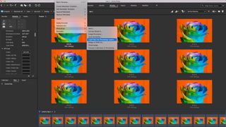 A screenshot showing the various images taken from the focus stack have been opened into Bridge and the command Load Files into Photoshop Layers is being run