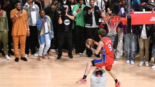 Mac McClung #9 of the Philadelphia 76ers dunks the ball during the final round of the 2023 NBA All Star AT&T Slam Dunk Contest at Vivint Arena on February 18, 2023 in Salt Lake City, Utah.