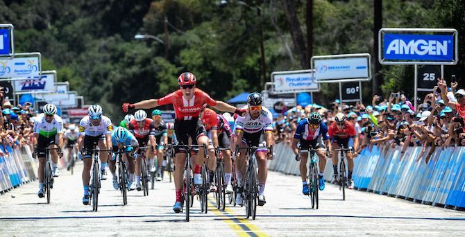Cees Bol (Team Sunweb) celebrates his stage 7 ahead of Peter Sagan (Bora-Hansgrohe) at the 2019 Tour of California
