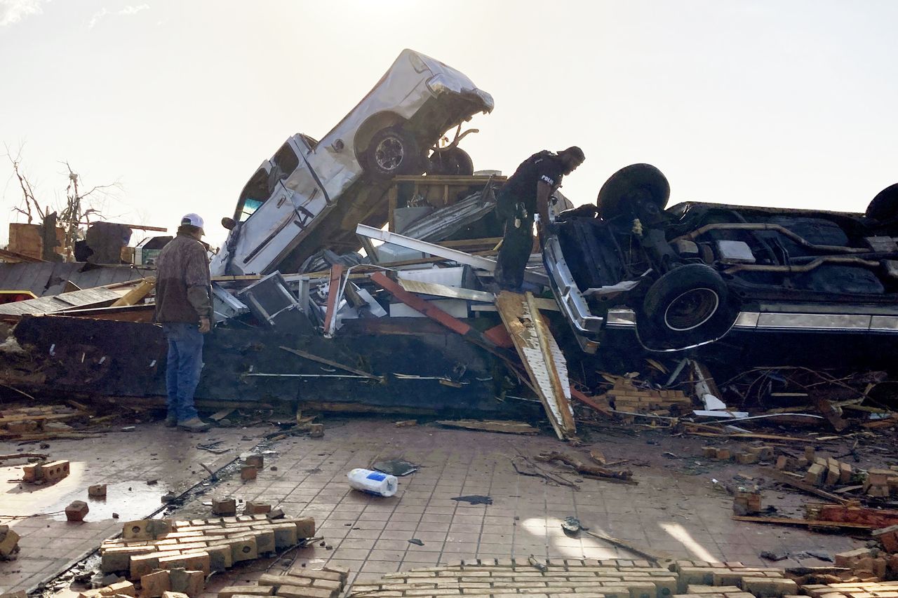 Rubble being searched in Rolling Fork, Mississippi after a tornado. 