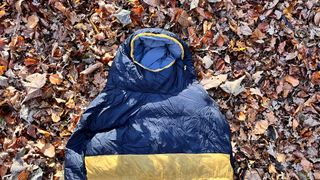 The hood of a Forclaz Trekking Sleeping Bag MT900 5°C Down, lain on a leafy woodland floor.