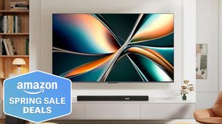 The Hisense U65QF displaying colorful, abstract imagery from a wall-mounted position in a modern living room. Next to the TV is a superimposed, blue-colored badge that reads: "Amazon Spring Sale Deals".