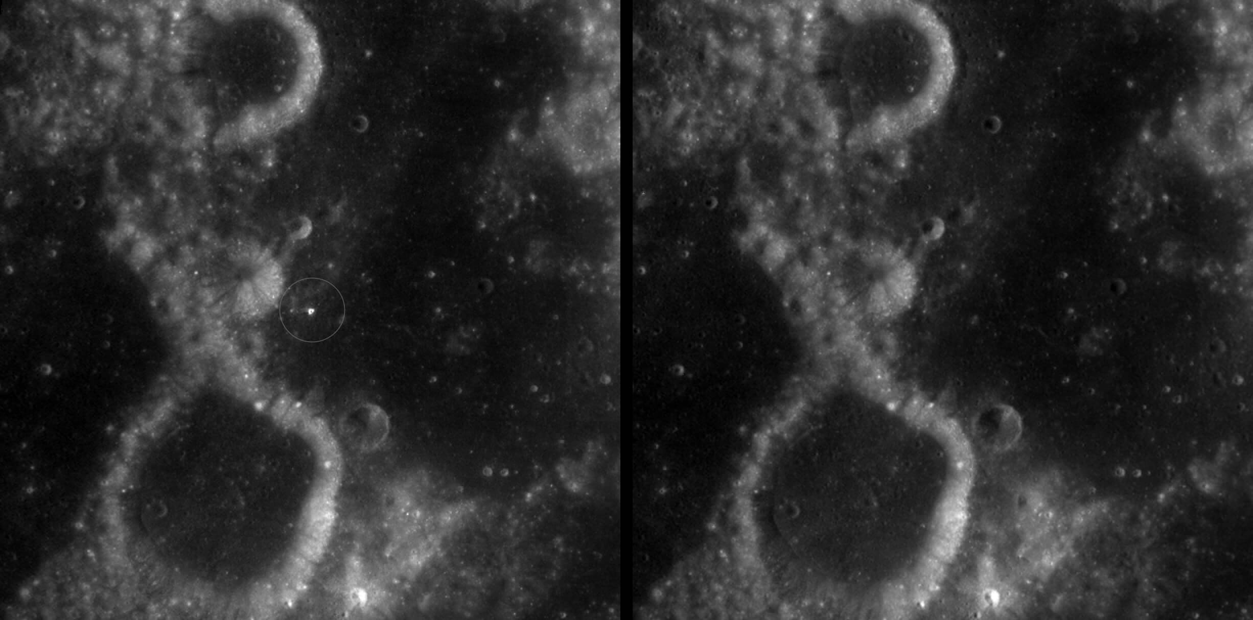 Lunar crater before and after side-by-side comparison.