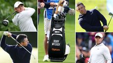 Rory McIlroy's golf bag with Rory McIlroy hitting clubs around him