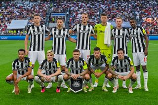 Newcastle United FC team line up during the UEFA Champions League 2023/24 Group Stage - Group F football match between AC Milan and Newcastle United FC at San Siro Stadium. Final score; AC Milan 0:0 Newcastle United FC.
