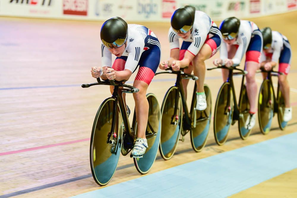 Great Britain's women's team pursuit squad on the way to gold
