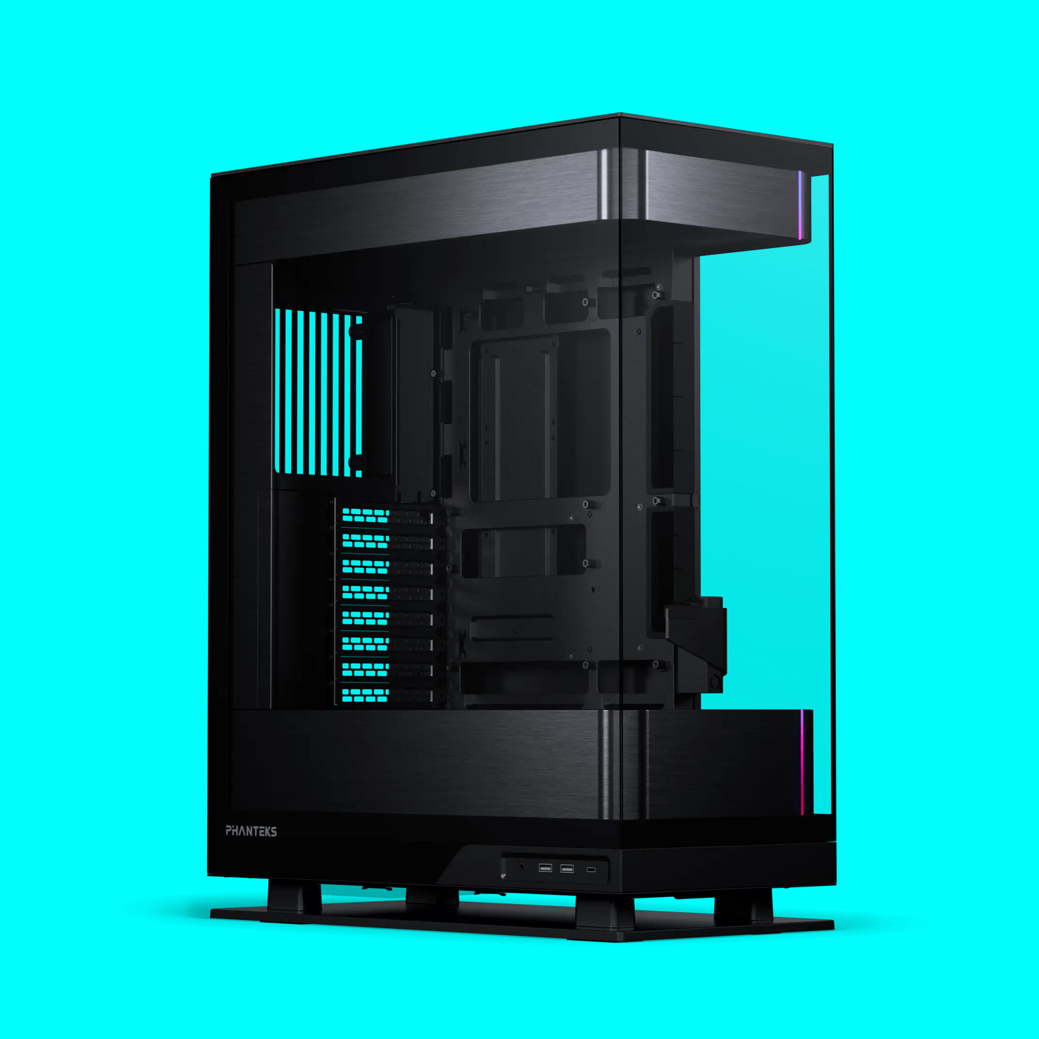 A Phanteks Evolv X2 PC case on a blue background.