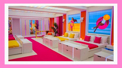 The Love Island 2023 bedroom, with four beds pictured/ in a pink template