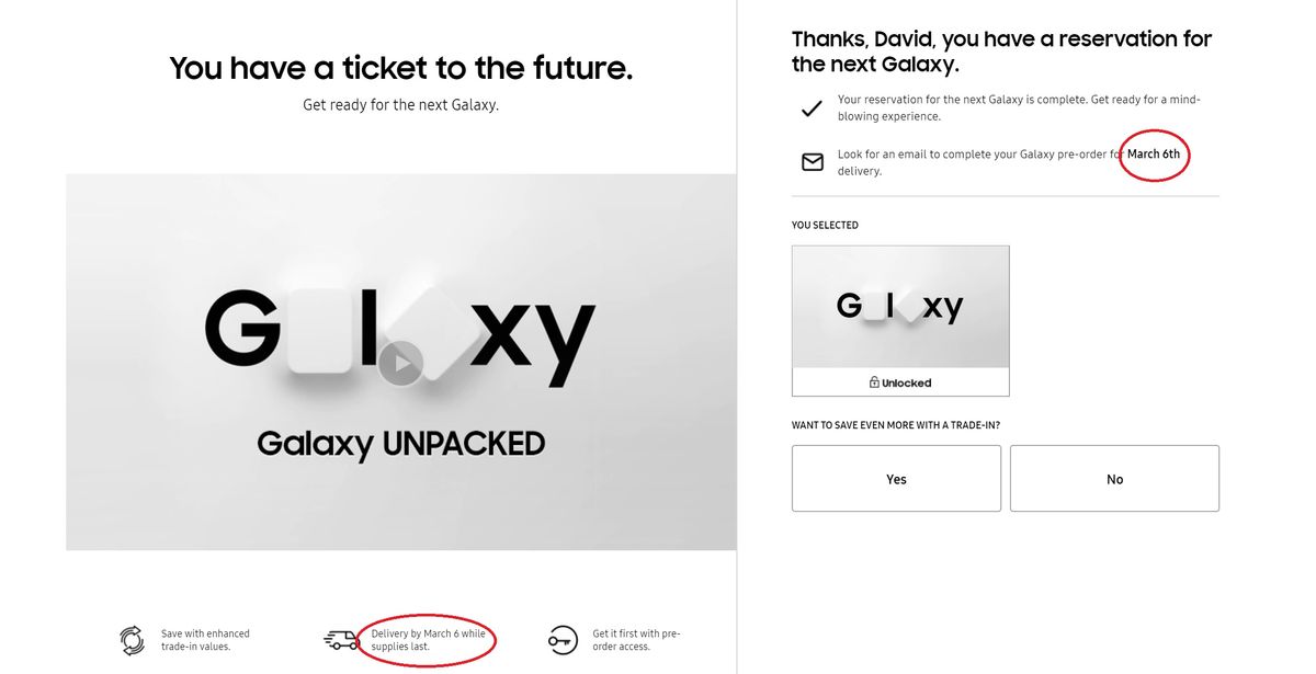 The March 6 release date for the Galaxy Unpacked pre-order