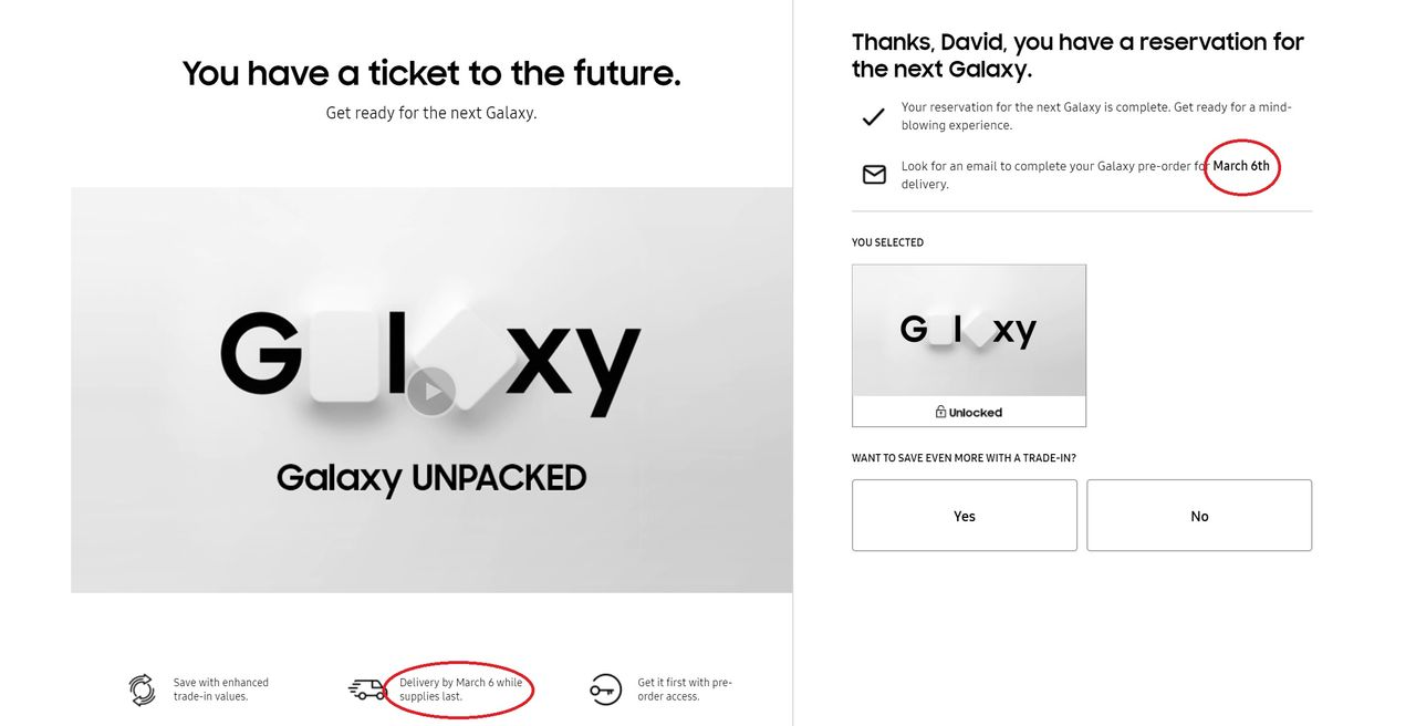 The March 6 release date for the Galaxy Unpacked pre-order