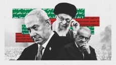 Illustration of Benjamin Netanyahu, Masoud Pezeshkian and Ali Khamenei against a background of explosions in Lebanon, and social media posts