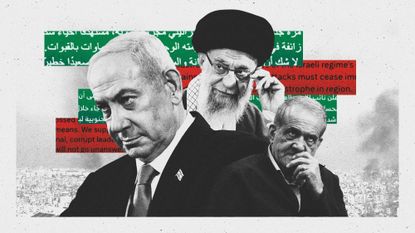 Illustration of Benjamin Netanyahu, Masoud Pezeshkian and Ali Khamenei against a background of explosions in Lebanon, and social media posts