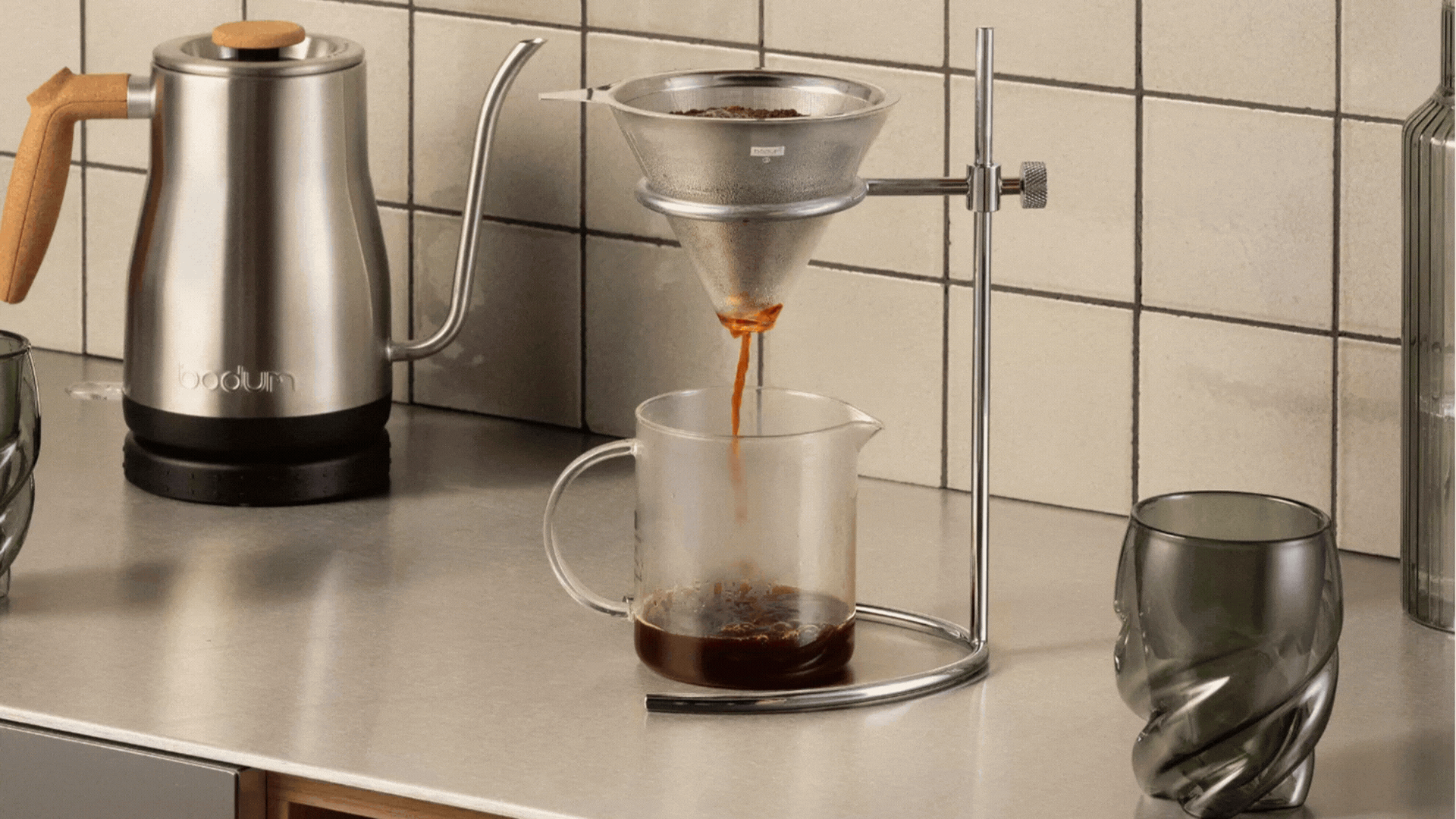 Rotating GIF showing three different coffee drippers