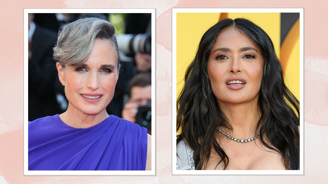 Andie MacDowell is pictured with her grey hair in an updo a the Red Carpet of the closing ceremony at the 77th annual Cannes Film Festival at Palais des Festivals on May 24, 2024 in Cannes, France, alongside a picture of Salma Hayek, who wears her brunette hair in waves, with a few grey strands visible at the European premiere of &quot;Blink Twice&quot; at the Odeon Luxe Leicester Square on August 19, 2024 in London, England/ in a pink watercolour paint-style template