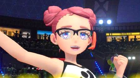 A pink-haired player punches the air in victory in Pokemon Champions.
