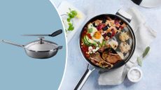 Lakeland 10-In-1 Tri-Ply Only Pan Pro on a semicircle with the Lakeland 10-In-1 Tri-Ply Only Pan Pro on a table with sections of different foods that can be cooked in it