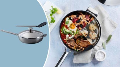 Lakeland 10-In-1 Tri-Ply Only Pan Pro on a semicircle with the Lakeland 10-In-1 Tri-Ply Only Pan Pro on a table with sections of different foods that can be cooked in it