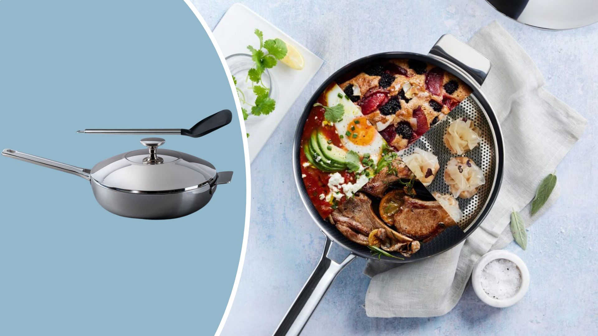 Lakeland 10-In-1 Tri-Ply Only Pan Pro on a semicircle with the Lakeland 10-In-1 Tri-Ply Only Pan Pro on a table with sections of different foods that can be cooked in it