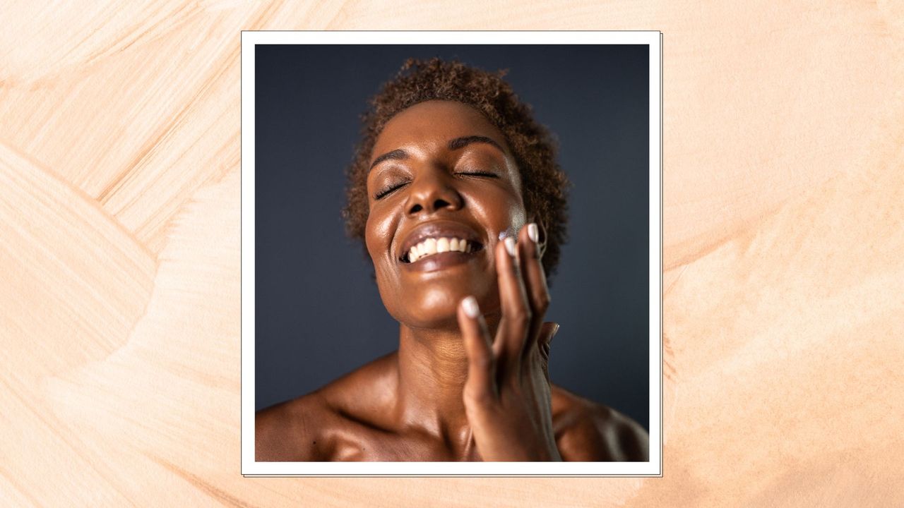 Collage of image of woman applying moisturiser in a frame against a yellow watercolour-style background