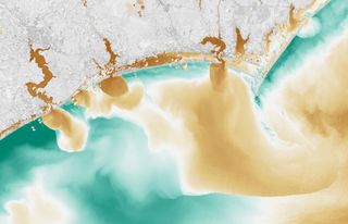 This image combines visible and infrared data to show how much "colored dissolved organic matter" is present in the rivers and the Atlantic.
