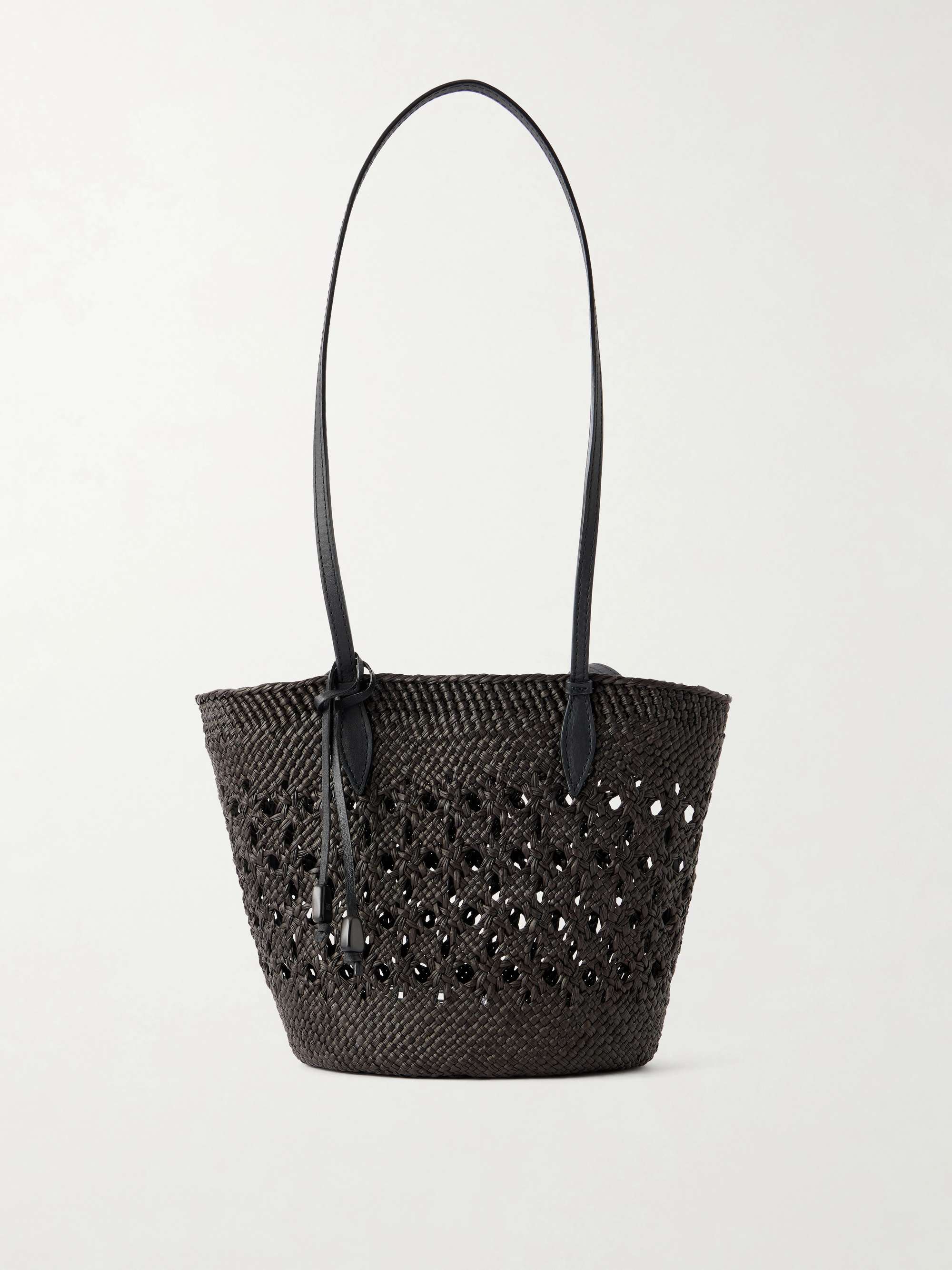 Lattice Basket Leather-Trimmed Raffia Tote