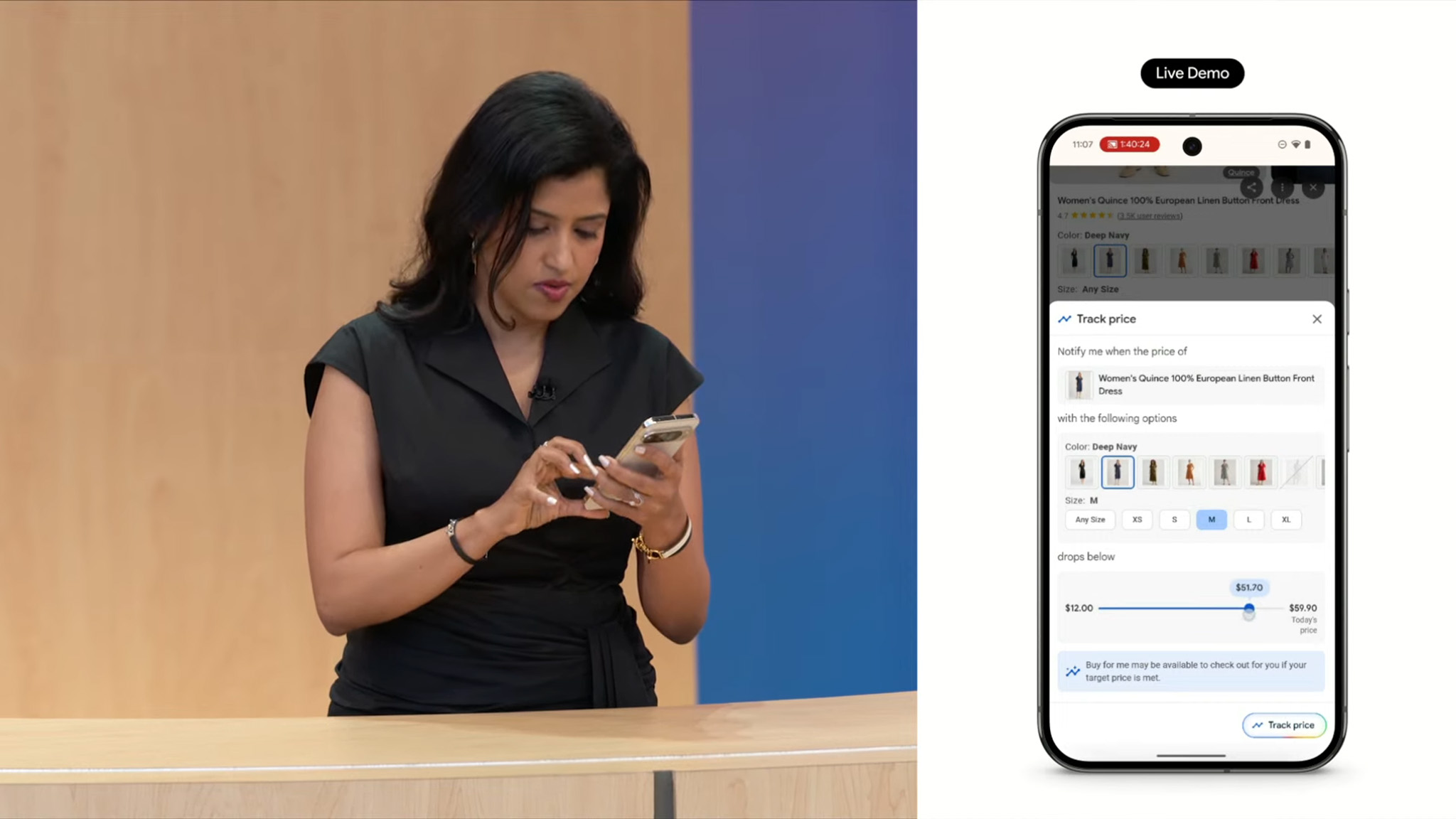 Shopping using the new Google AI Mode search on stage at Google I/O 2025