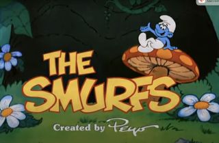 A smurf sits on a mushroom in The Smurfs title card.