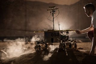 A model of the ExoMars rover, dubbed Rosalind Franklin, at the European Space Agency's new rover operations control center in Turin, Italy.