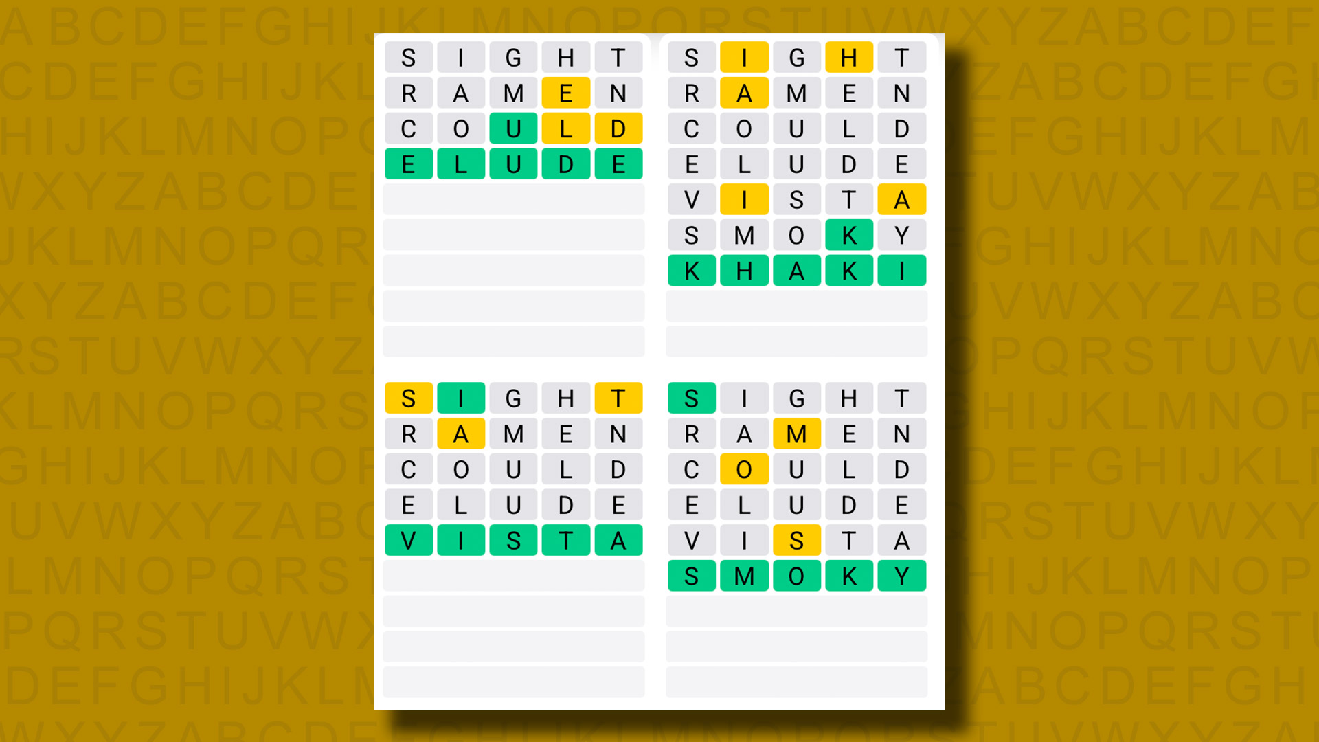 Quordle answers for game 1229 on a yellow background