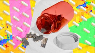 Punk Pop-Art, scrapbook-styled image of an open medicine bottle filled with microchips, in the background medicinal pills and digital artifacts are part of a colorful collage.