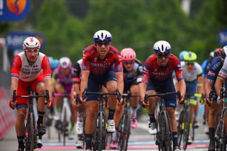 A frustrated Elia Viviani crosses the line on the right-hand side of the road at the Giro d'Italia