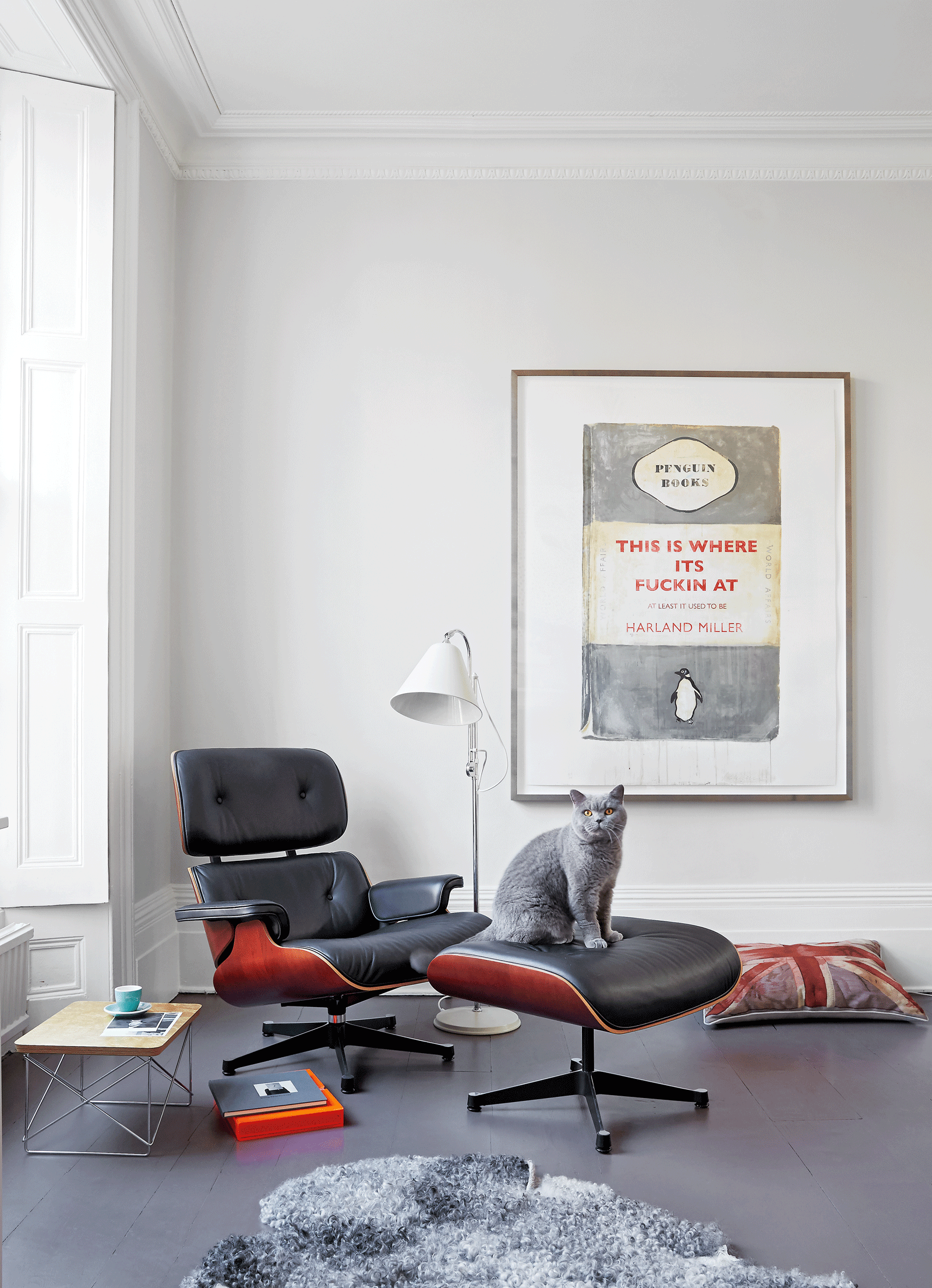 eames lounge chair with grey cat