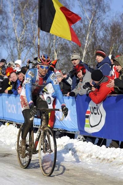 On the last lap, Stybar had such a large lead he took time to enjoy the crowd's applause.