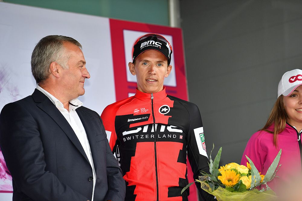 Dylan Teuns on the podium after winning stage 3 at Tour de Wallonie