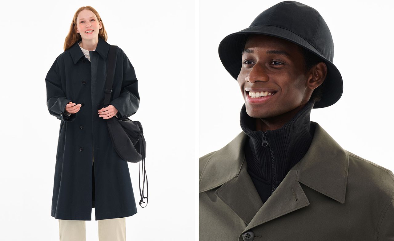 Woman laughing in long blue coat by Uniqlo U, man in hat and coat by Uniqlo U