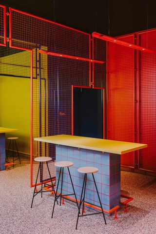 Biggy restaurant in Wroclaw, Poland with bright primary coloured fixture and fittings