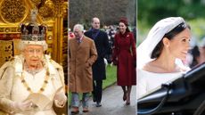Queen Elizabeth II at the State Opening of Parliament, King Charles, Prince William and Kate Middleton walking at Sandringham, and Meghan Markle on her wedding day