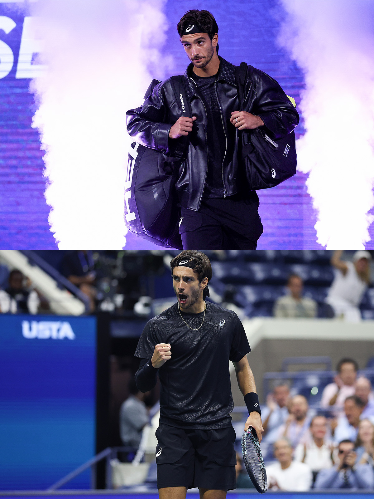 Lorenzo Musetti in his after-dark ASICS look for his Quarterfinal match against Jannik Sinner of Italy at the 2025 US Open.